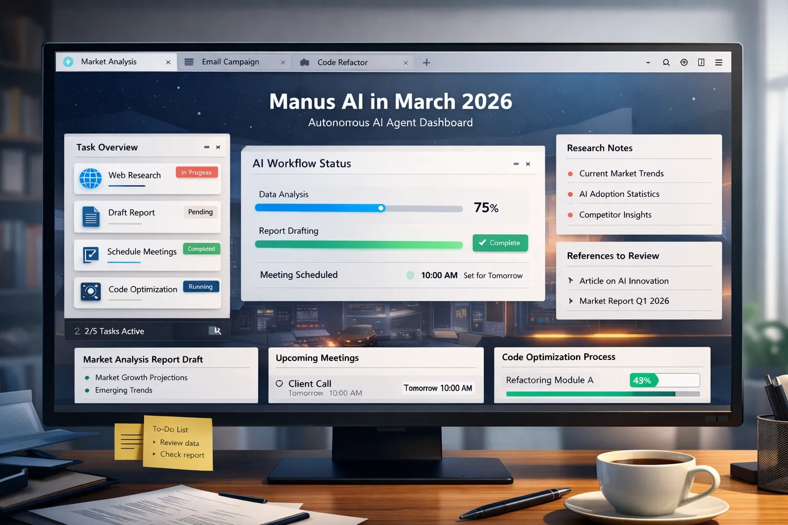 Editorial style image showing an autonomous AI agent dashboard handling browser tasks, documents, and workflow cards