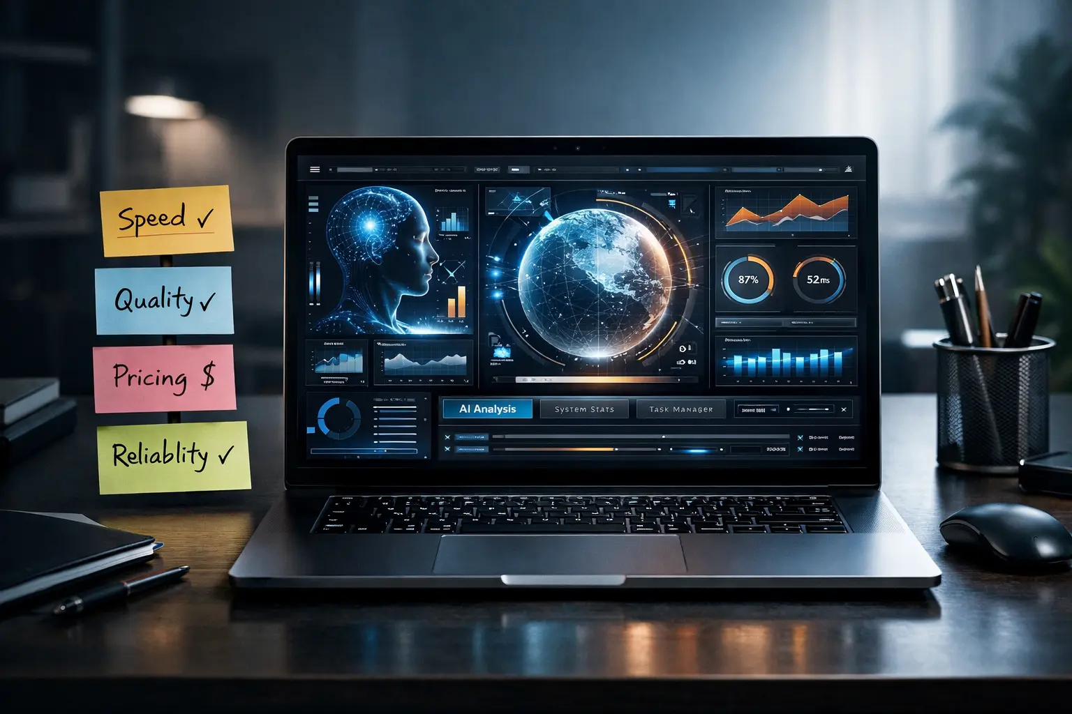 A sleek product review setup with a new AI tool dashboard labeled Nano Banana 2 on a laptop and notes on desk